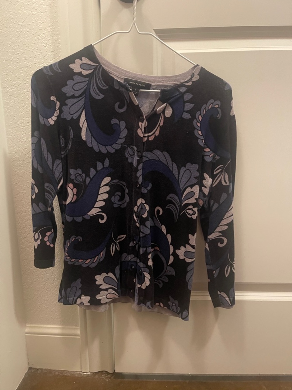 Ann Taylor Black Paisley Button-Front Top with Blue & Light Pink Accents